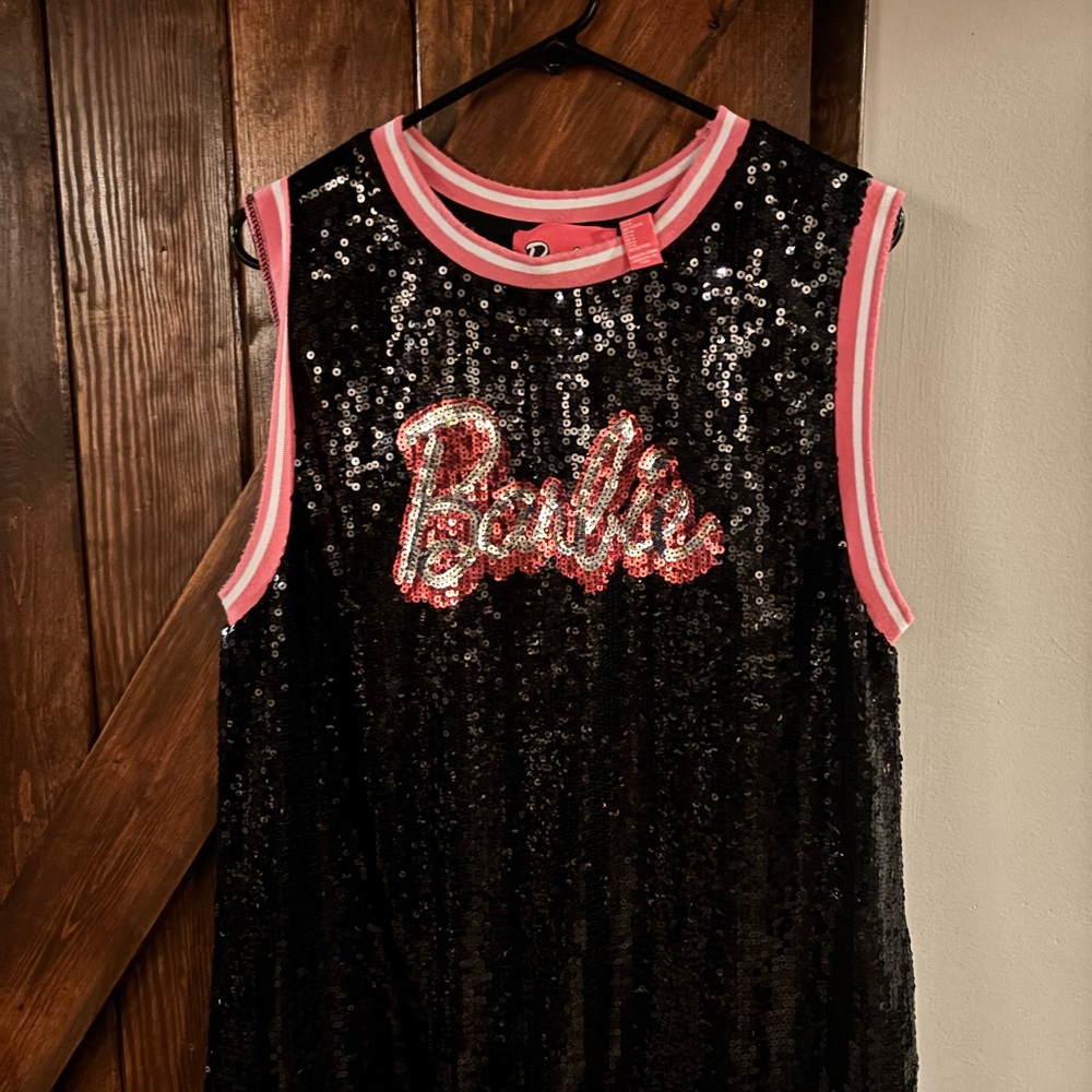 Barbie Black Sequin Top with Pink Trim